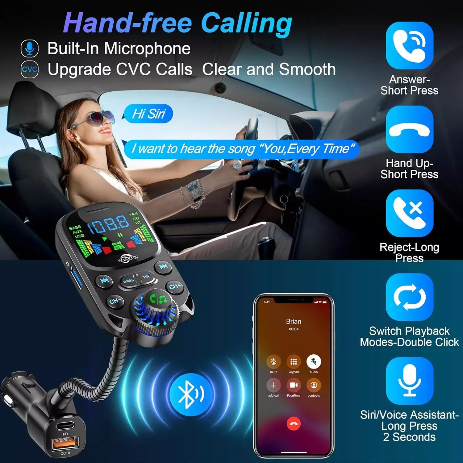 SOARUN Bluetooth 5.3 FM Transmitter, 48W AUX Car Adapter Charger with Hifi Sound