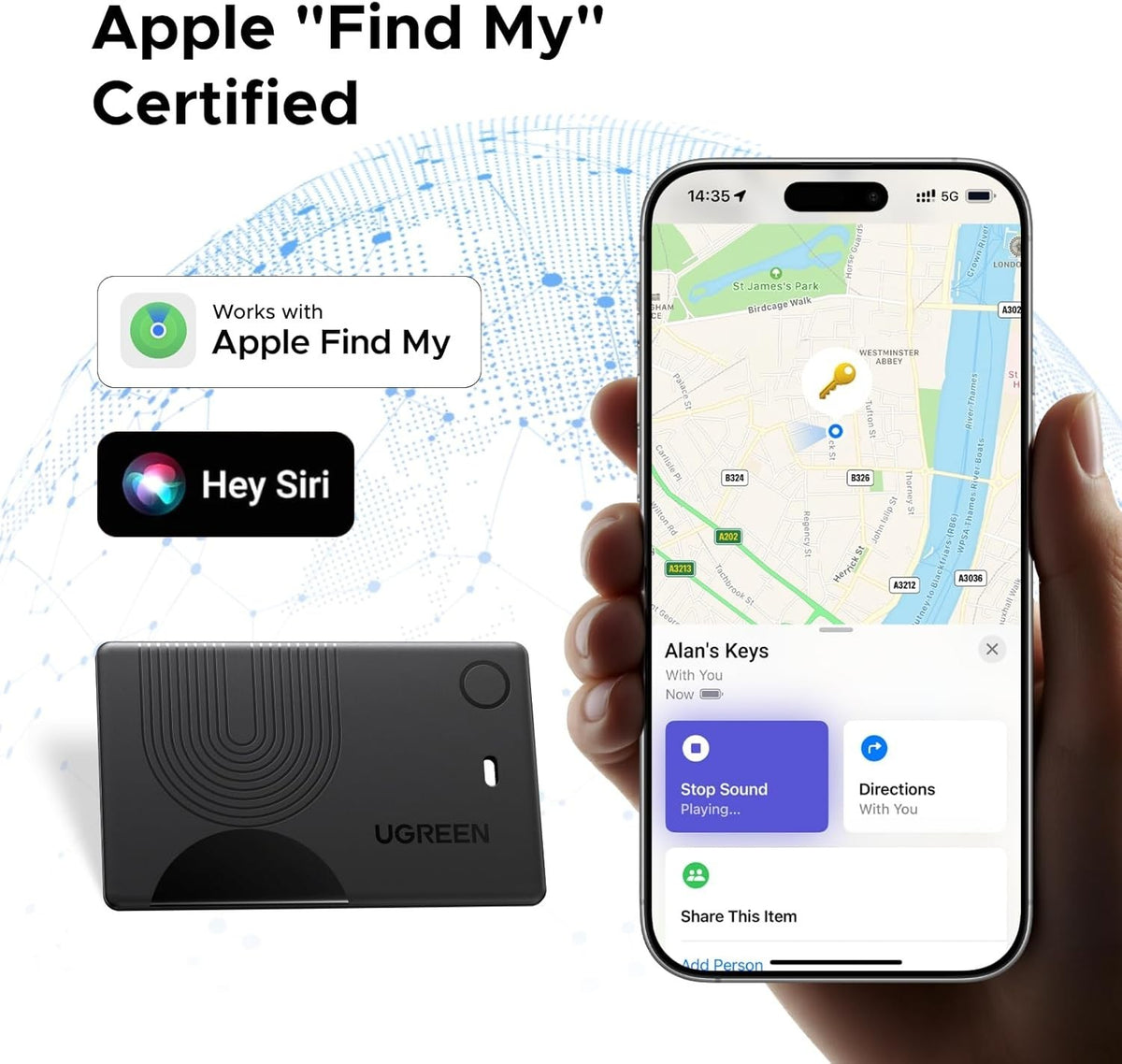 UGREEN FineTrack Slim 3 Wallet Tracker for iOS, Wireless Rechargeable, IP68