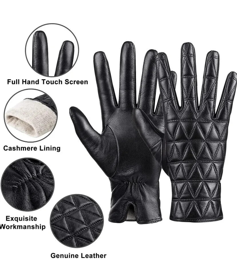 kebesu Ladies Warm Winter Genuine Leather  Cashmere Lined Touch screen Gloves M