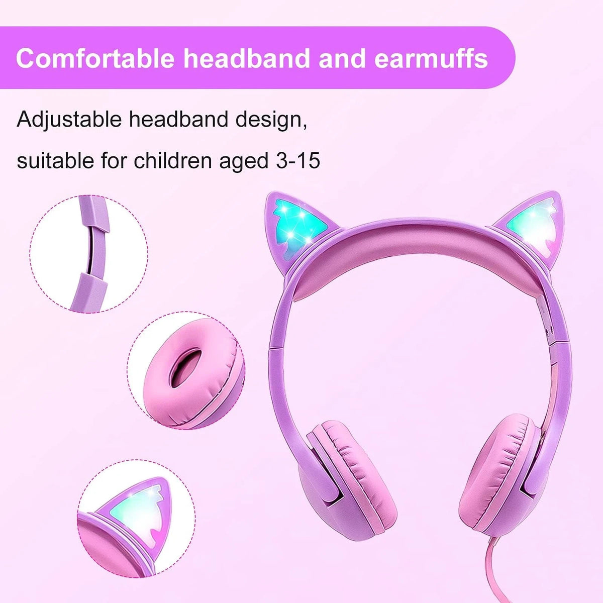 Olyre Kids Wired Headphones with Mic, LED Cat Ears Headset, Mini, Purple/Pink