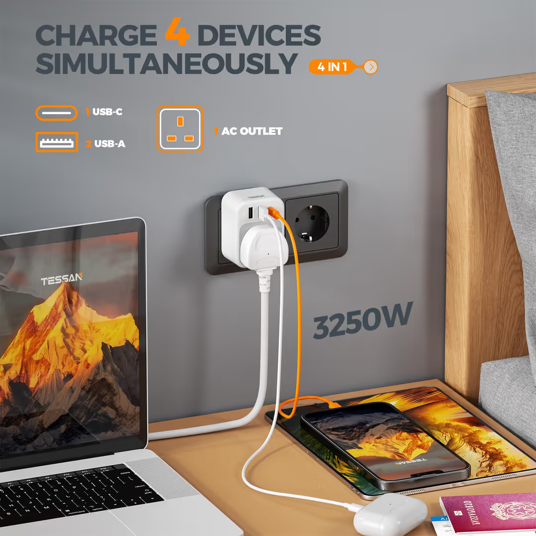 TESSAN UK to European Plug Adapter 2 Pack, USB C Travel Adapter UK to Europe wit
