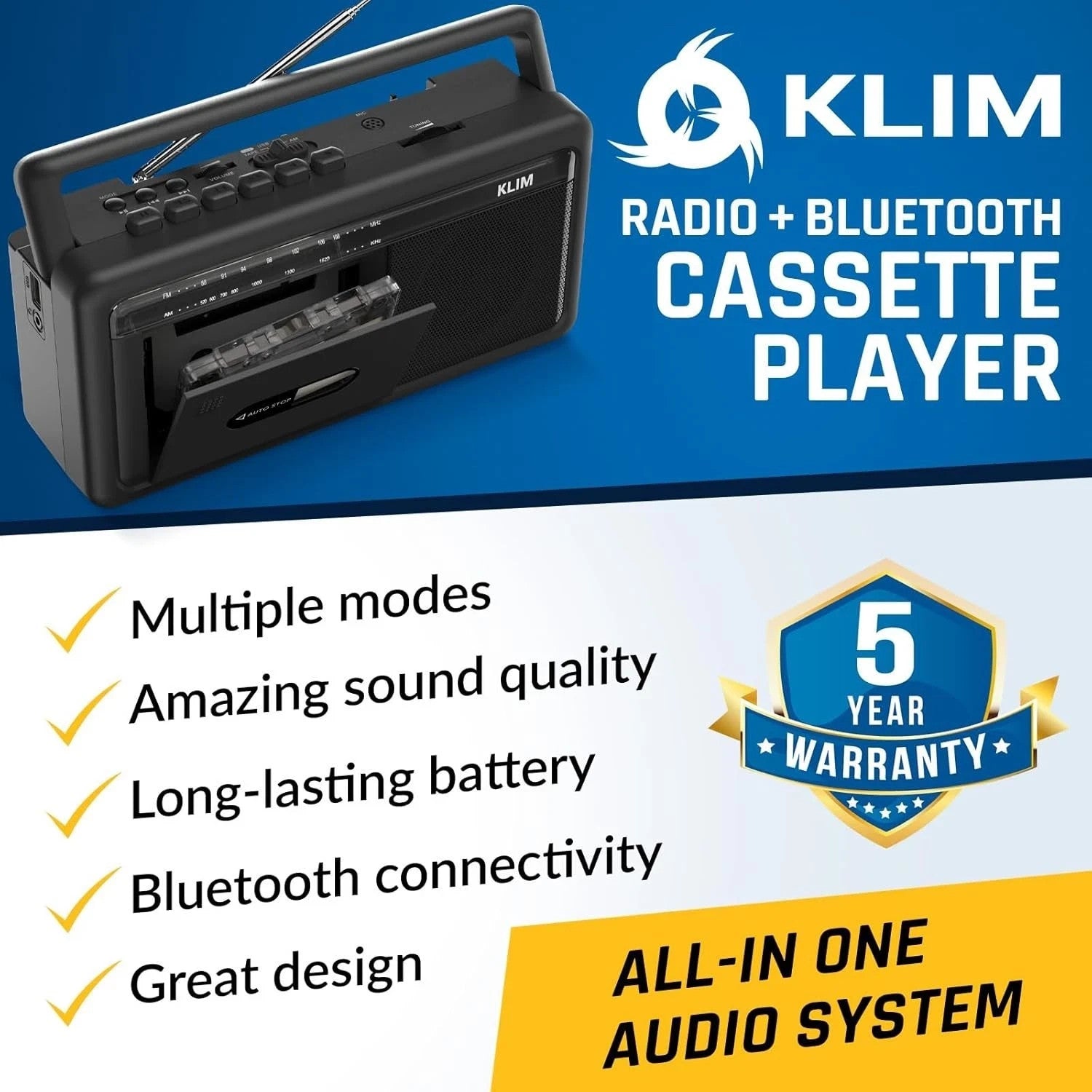KLIM Portable Cassette Player & Tape Recorder – Boombox with AM/FM Radio, USB, B