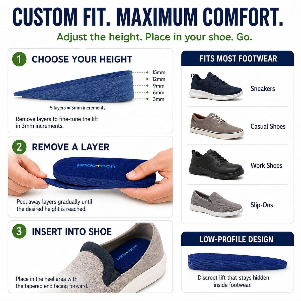 Podotech Heel Shoe Lift Insert, Height Increase Insoles for Achilles Tendonitis