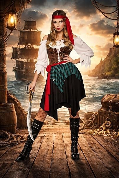 Womens Pirate Fancy Dress Costumes Caribbean Shipwreck Wench Outfit Ladies Seas