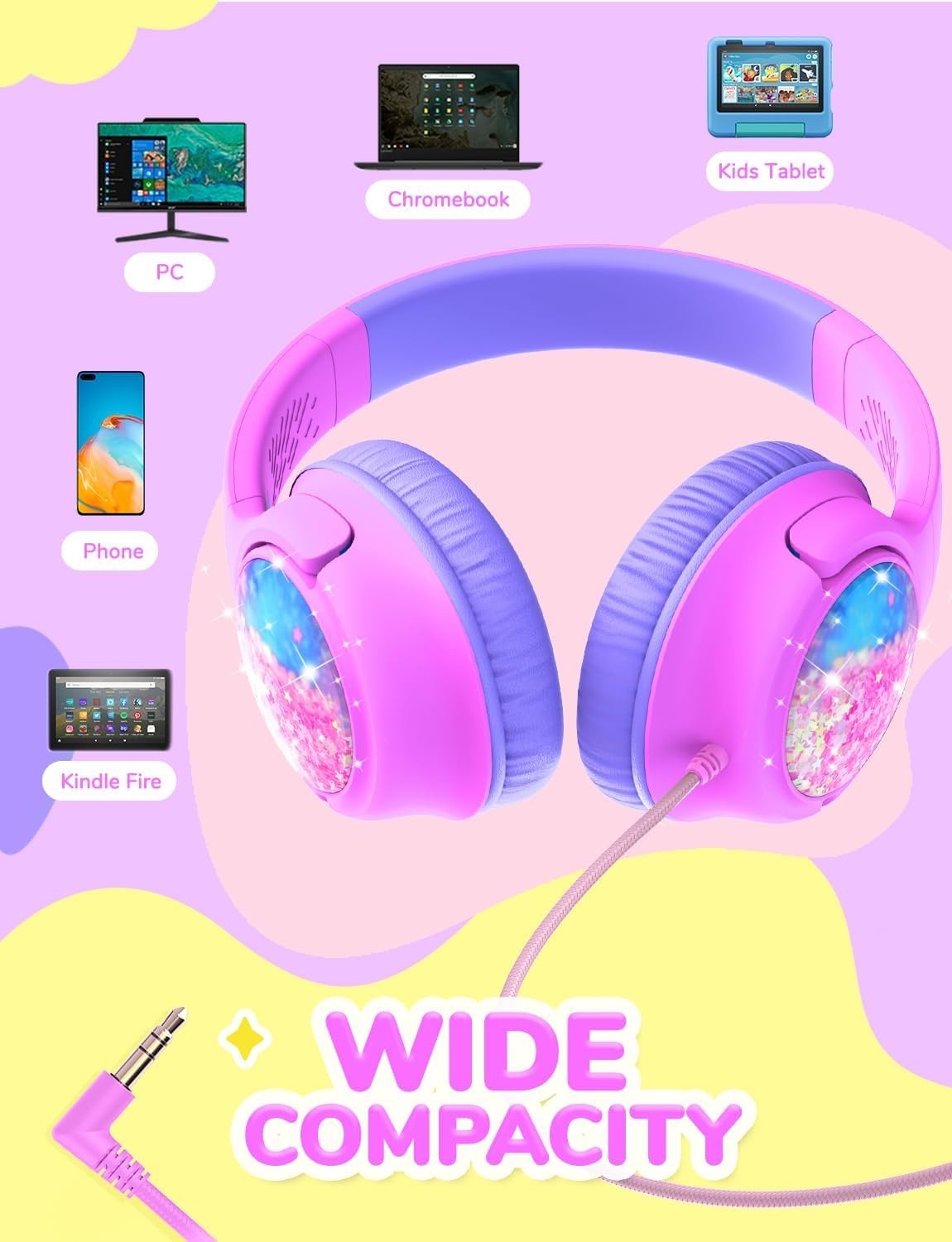 Iclever Bluetooth Kids Headphones HS26 Girls Headphones Wired 3.5mm Princess