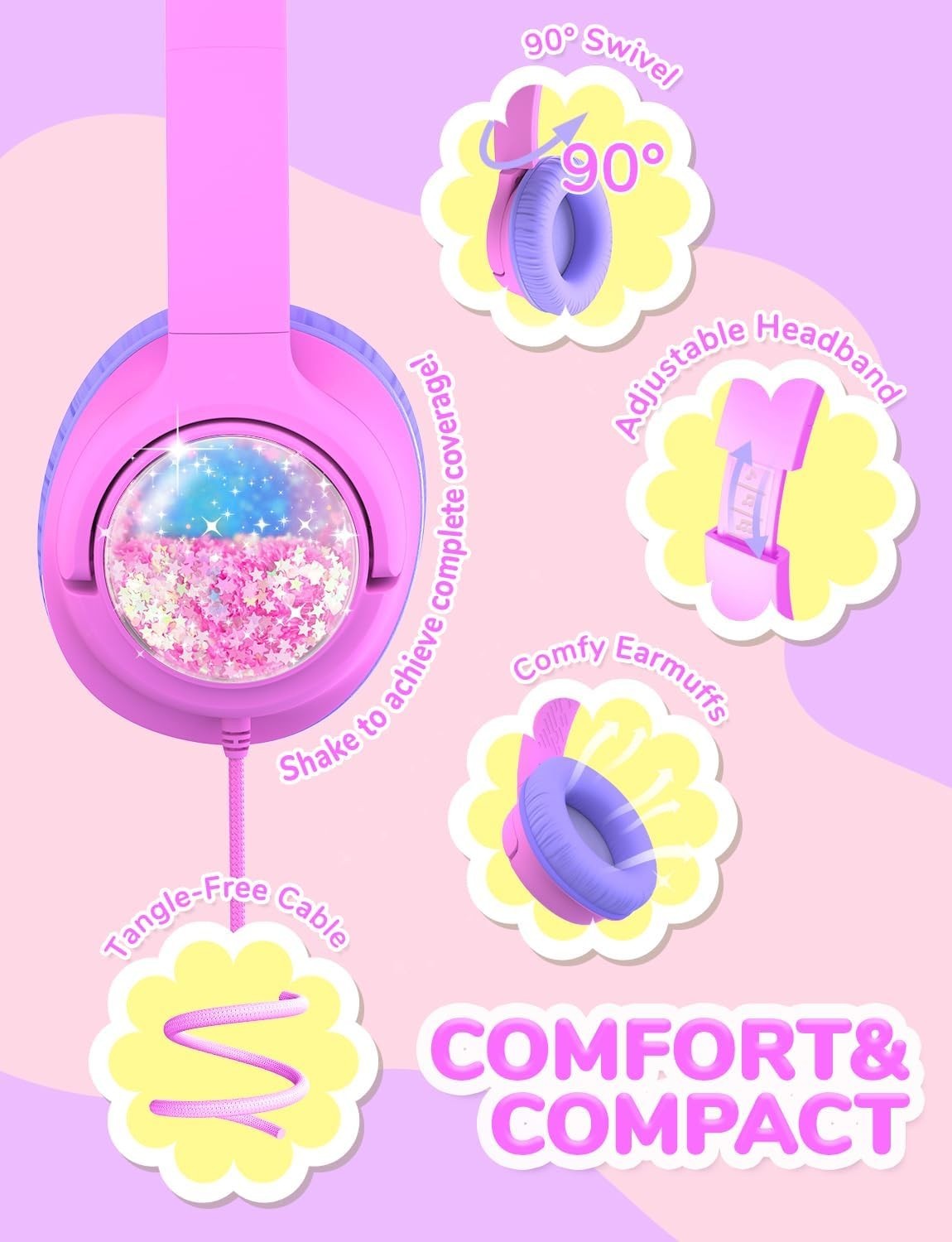 Iclever Bluetooth Kids Headphones HS26 Girls Headphones Wired 3.5mm Princess