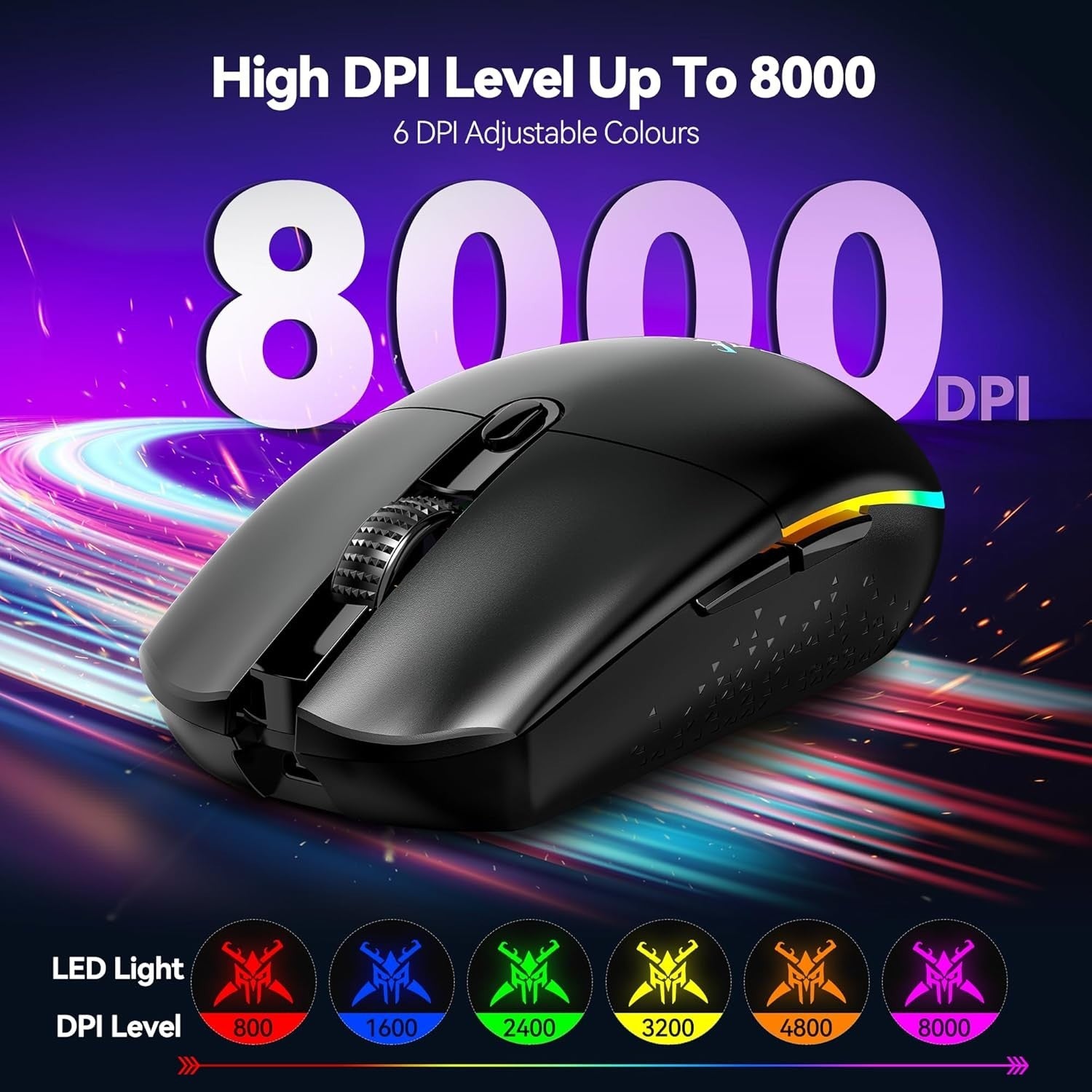 TECKNET Wireless Gaming Mouse 8000 DPI RGB Rechargeable Black LED Lights 