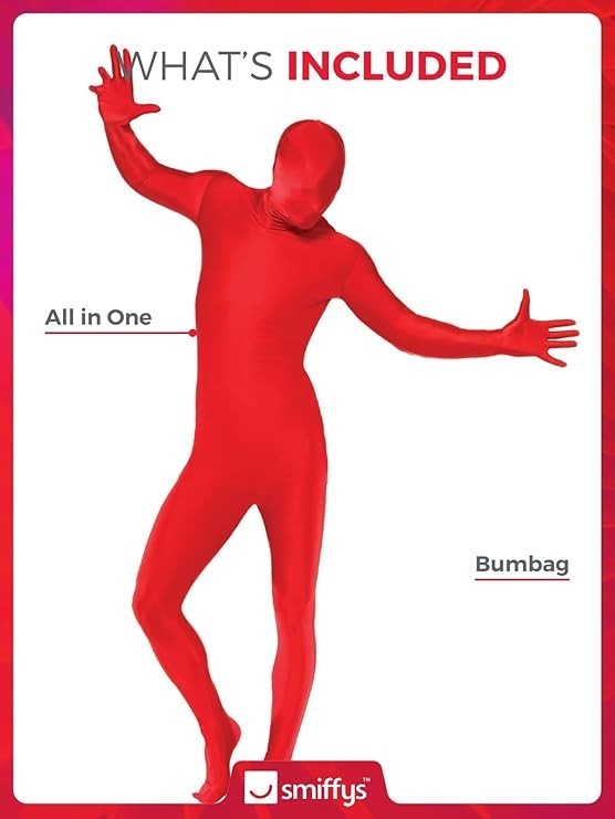 RED SKIN SUIT ADULT FANCY DRESS COSTUME SECOND SKIN BODY SUIT ALL IN ONE OUTFIT