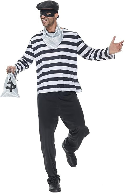 Bank Robber Burglar Adult 4 Piece Black White Striped Set Fancy Dress Costume M