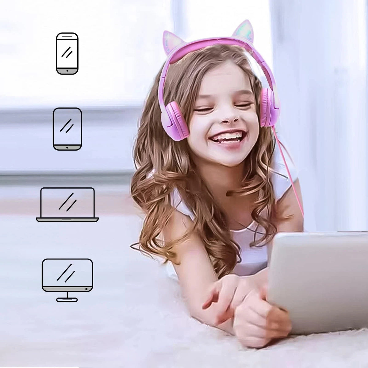 Olyre Kids Wired Headphones with Mic, LED Cat Ears Headset, Mini, Purple/Pink
