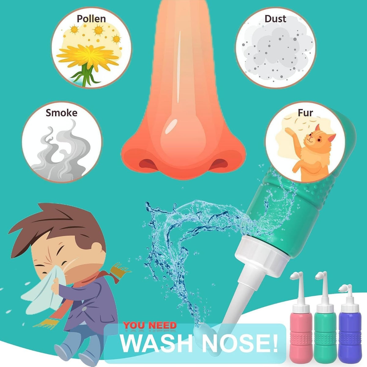 Sinus Rinse Kit 300ml Nasal Rinse Bottle Neti Pot with 40 Saline Salt Sachets UK