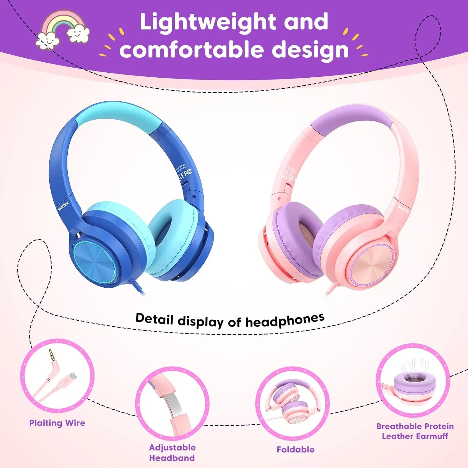 INFURTURE Kids Headphones CH5 USB C Headphone with Mic for Boys/Girls, Line Cont