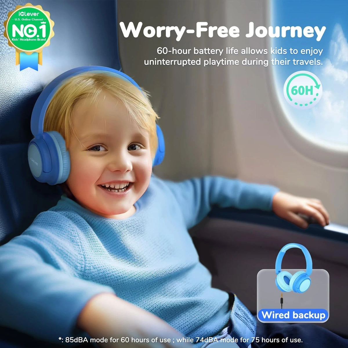Iclever BTH22 Kids Headphones Wireless, 60H Play Time, 74/85 Dba Safe Volume