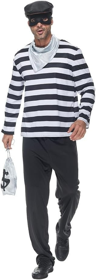 Bank Robber Burglar Adult 4 Piece Black White Striped Set Fancy Dress Costume M