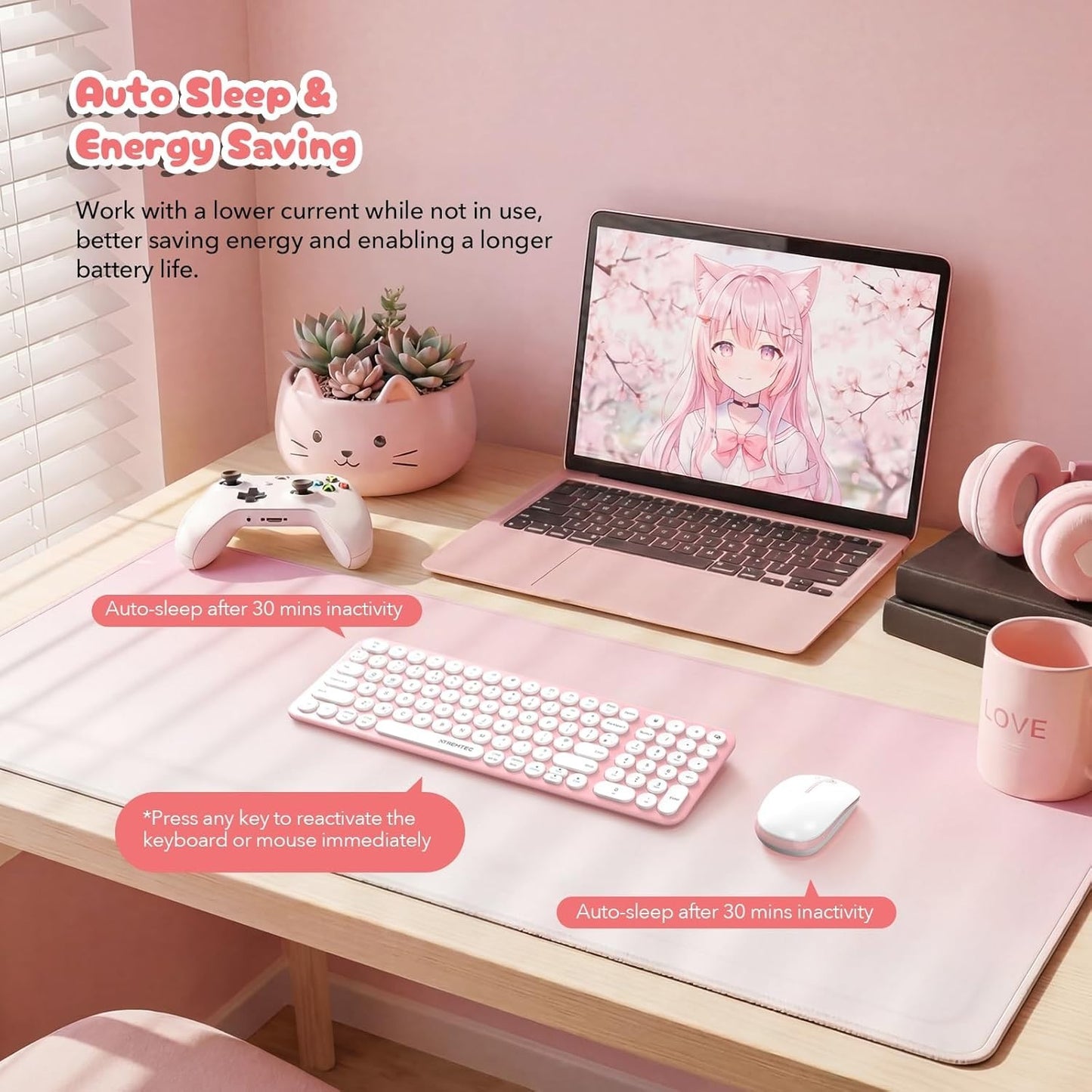 XTREMTEC Wireless Keyboard and Mouse set, Compact Size Cute Keyboard Retro Round