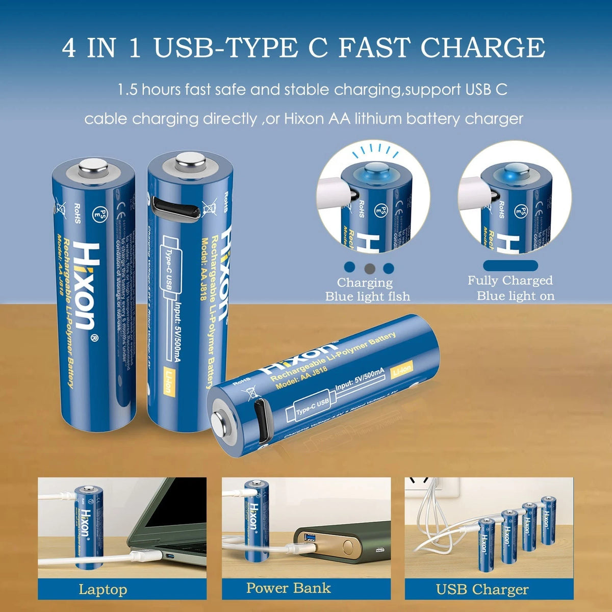 Hixon 1.5V USB-C AA Rechargeable Lithium Batteries 2550mWh Double AA - 8 Pack