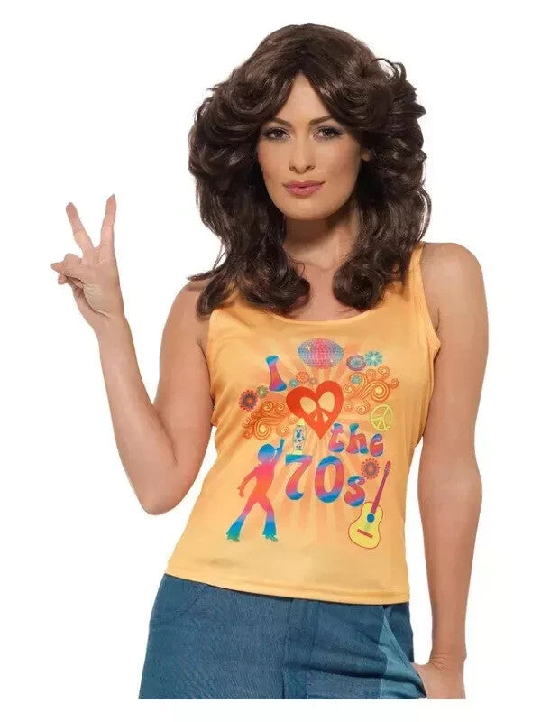 Womens Ladies Flower Hippy  1970s Fancy Dress Costume I Love The 70s Top Small