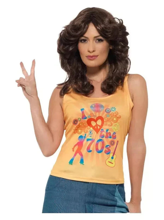 Womens Ladies Flower Hippy  1970s Fancy Dress Costume I Love The 70s Top Small