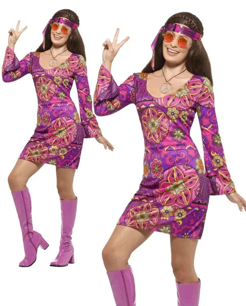 Adult Woodstock Hippie Chick Costume 1960s 70s Hippy Ladies Fancy Dress New 8-10