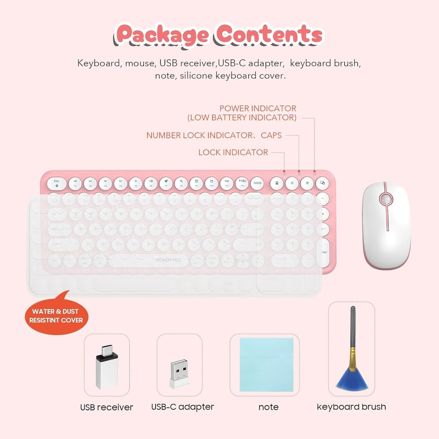 XTREMTEC Wireless Keyboard and Mouse set, Compact Size Cute Keyboard Retro Round