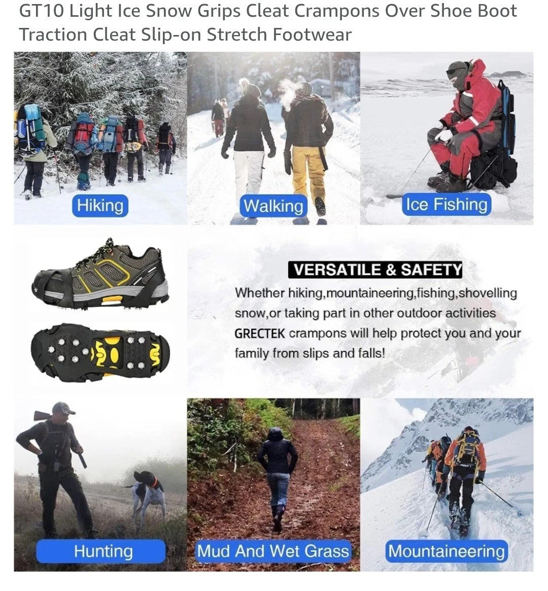 Grectek Gt10 Light Snow Ice Grips Overshoe Boot Cleat Crampons Anti-Slip Size L