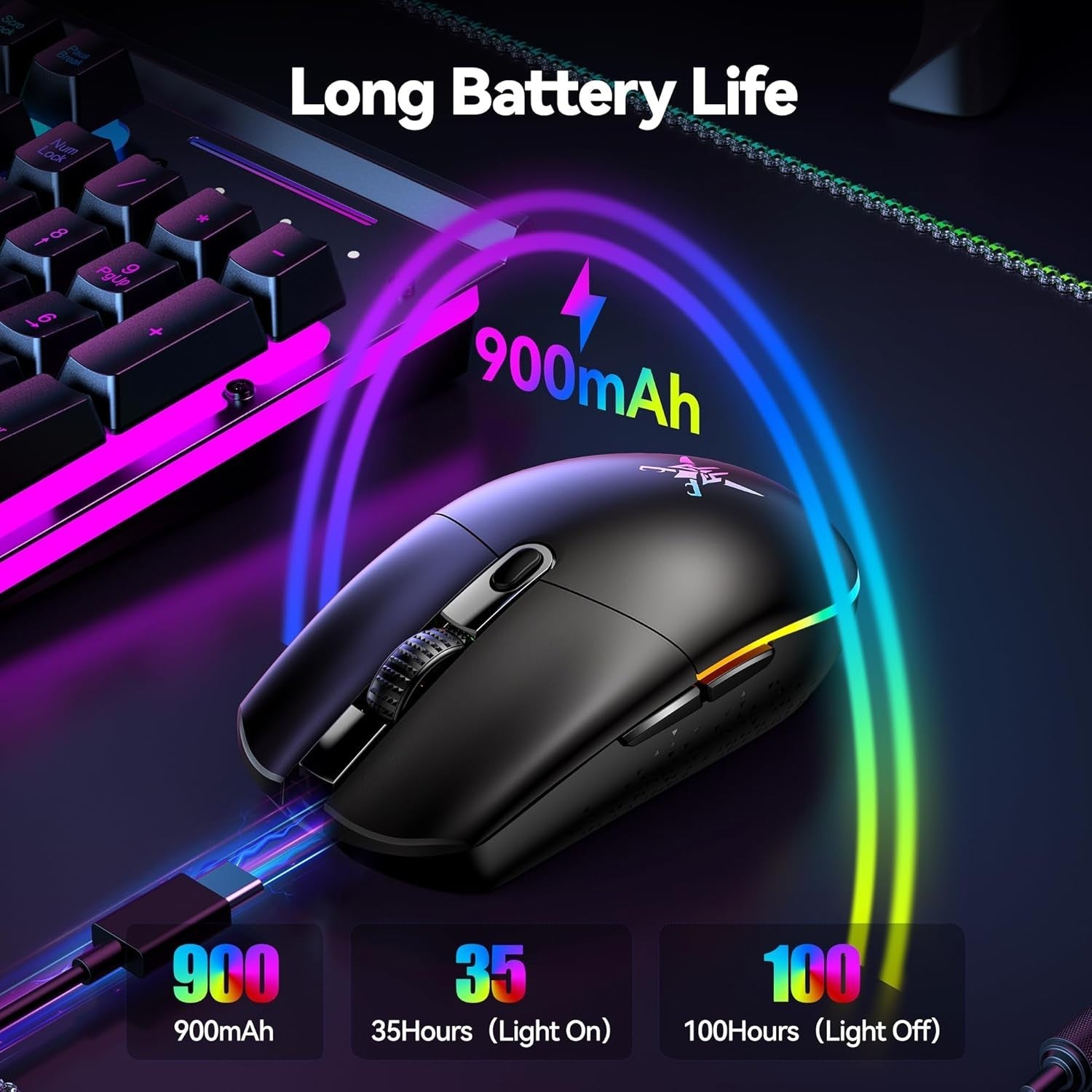 TECKNET Wireless Gaming Mouse 8000 DPI RGB Rechargeable Black LED Lights 