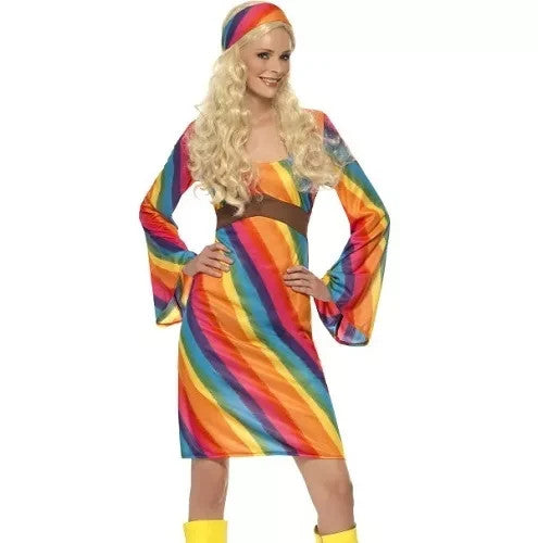 Ladies 60s 1960s Rainbow Hippy Fancy Dress Costume Hippie Lady Outfit by Smiffys