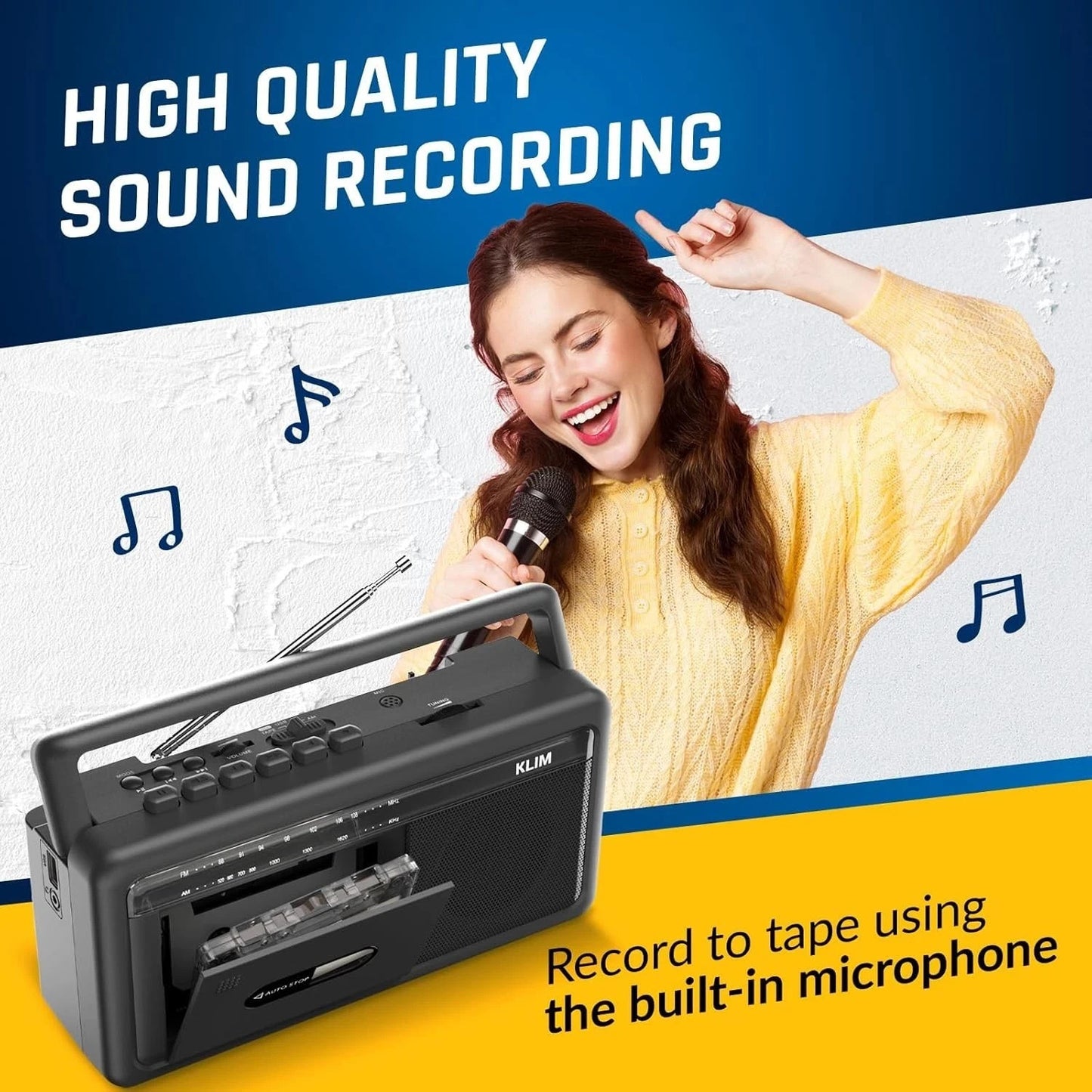 KLIM Portable Cassette Player & Tape Recorder – Boombox with AM/FM Radio, USB, B
