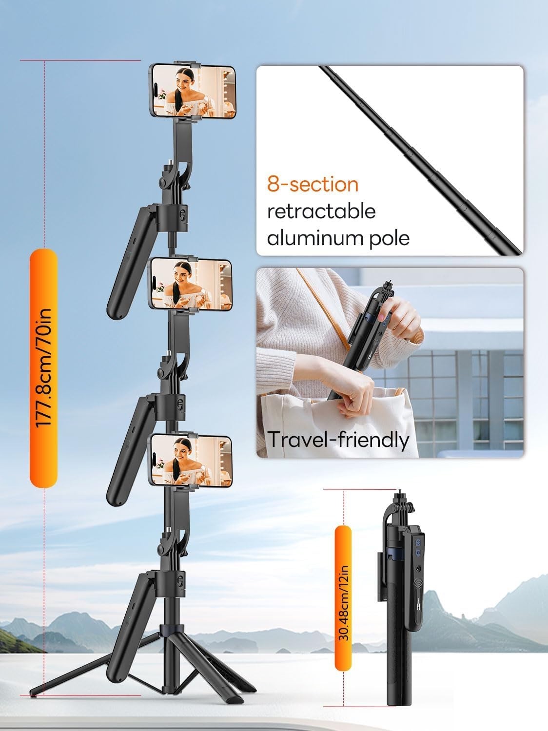 70" Phone Selfie Stick Tripod with Remote AI Auto Face Tracking 360° Rotation UK