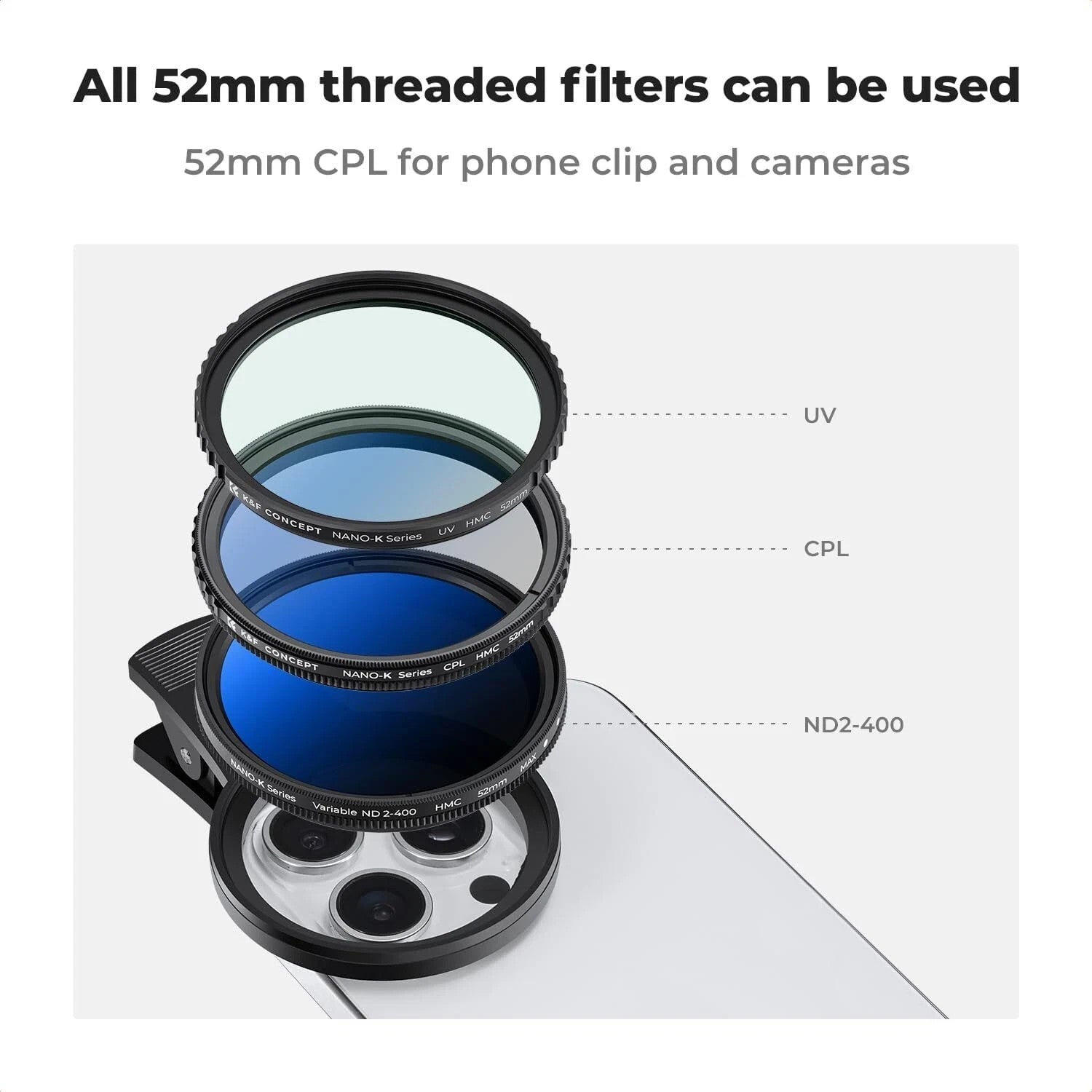 K&F Concept 52mm CPL Filters Clip-on Filter Polarizing for iPhone 17 Universal