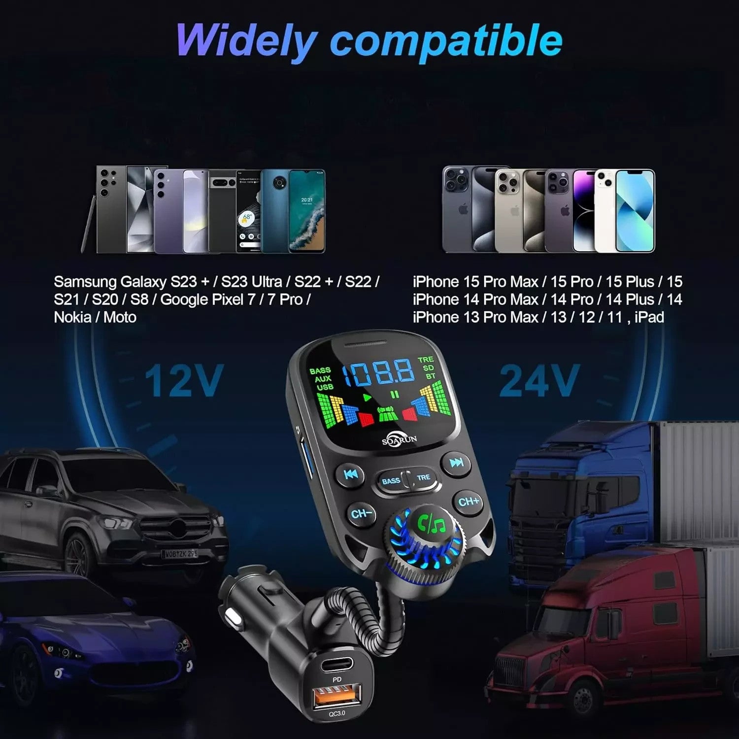 SOARUN Bluetooth 5.3 FM Transmitter, 48W AUX Car Adapter Charger with Hifi Sound