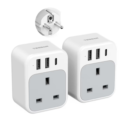 TESSAN UK to European Plug Adapter 2 Pack, USB C Travel Adapter UK to Europe wit