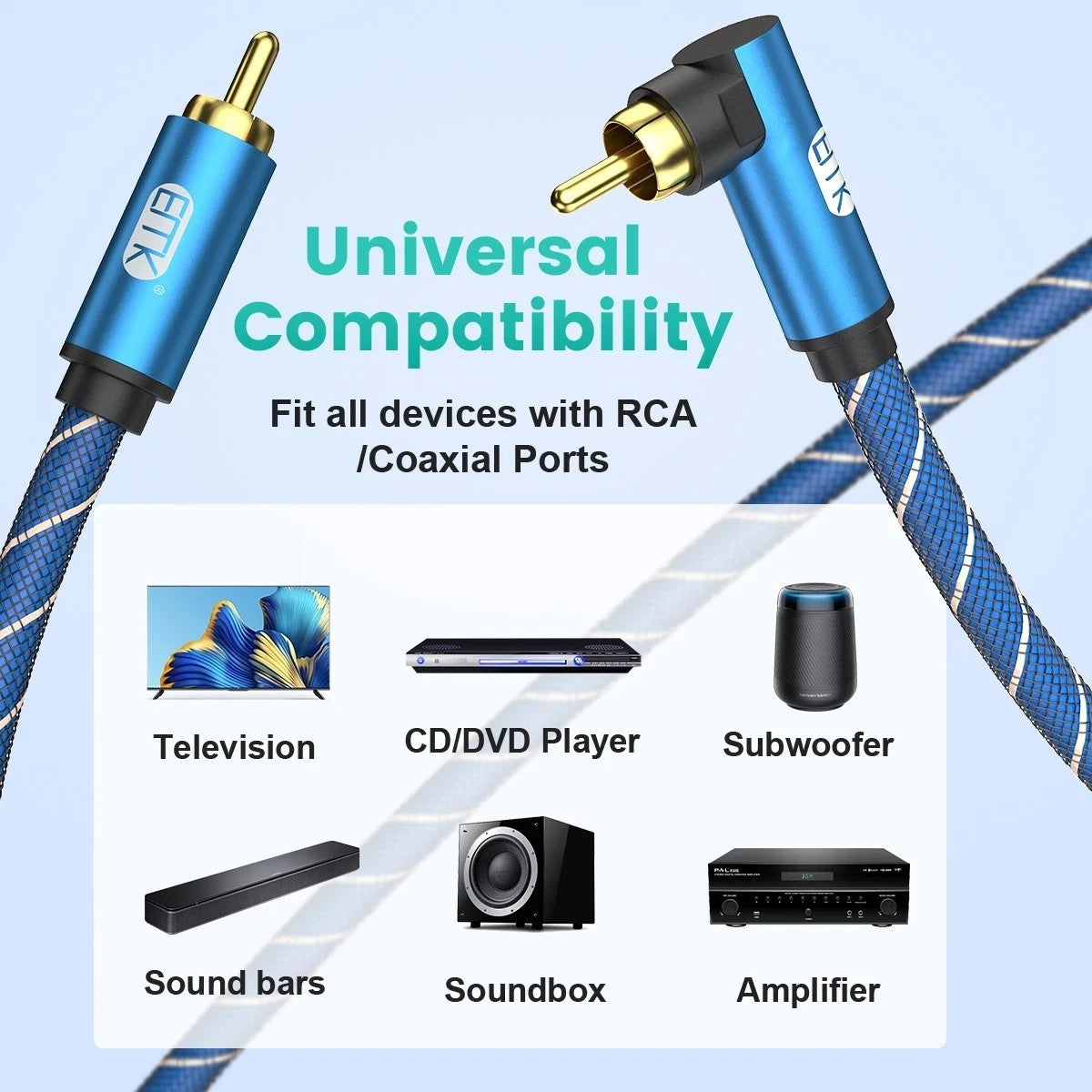 EMK Right Angle Subwoofer Cable 90 Degree RCA Cable Coaxial Audio Cable for TV
