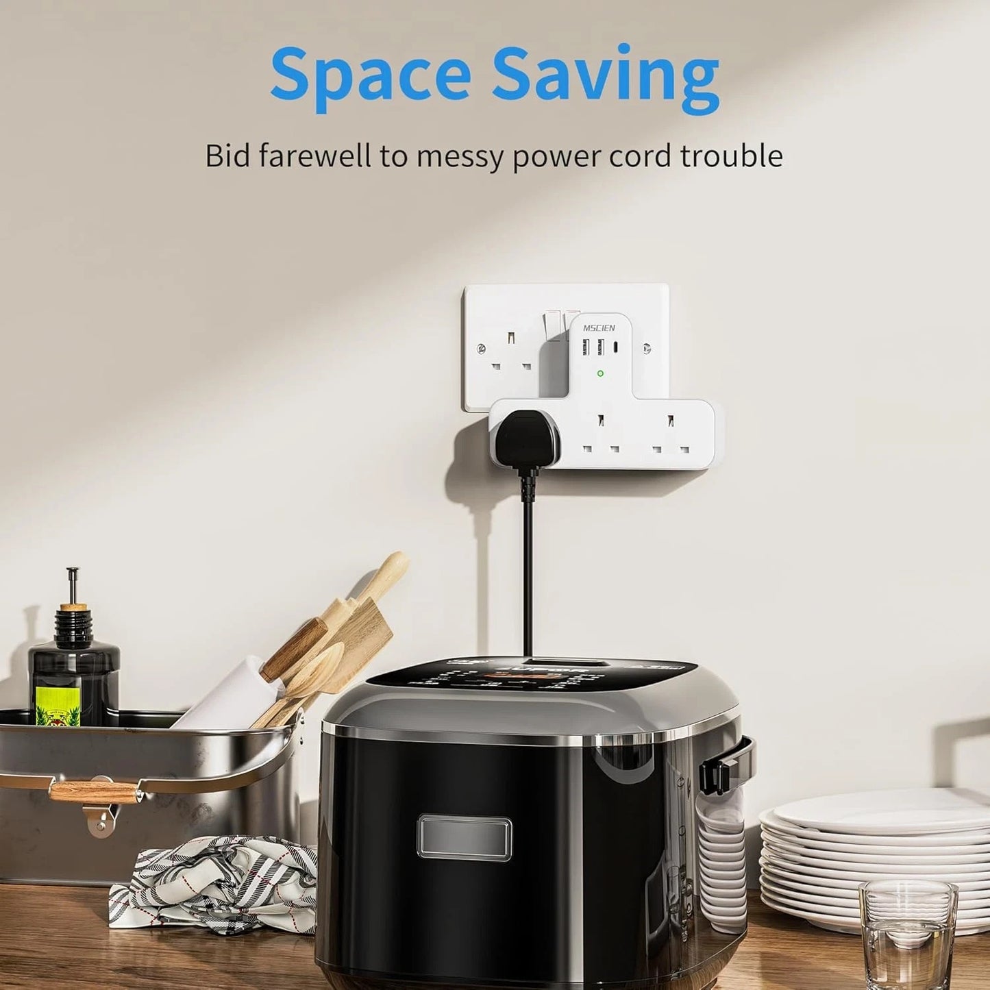 Mscien Multi Plug Adaptor, 6 in 1 Plug Extension Socket 3 Way 3 USB(3.4A,1 Type-
