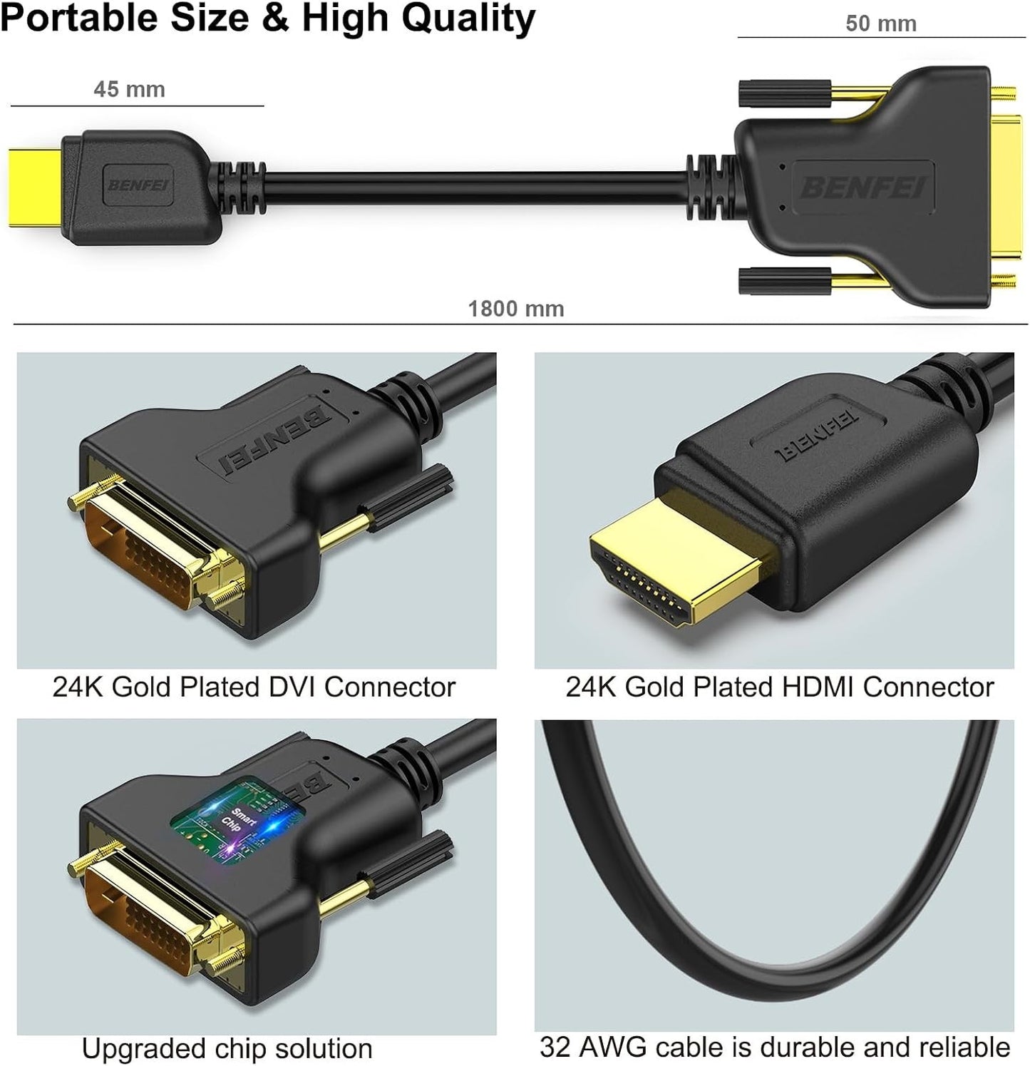 BENFEI HDMI to DVI Cable 1.8m 6ft Bi-Directional Gold Plated 1080P 000189black