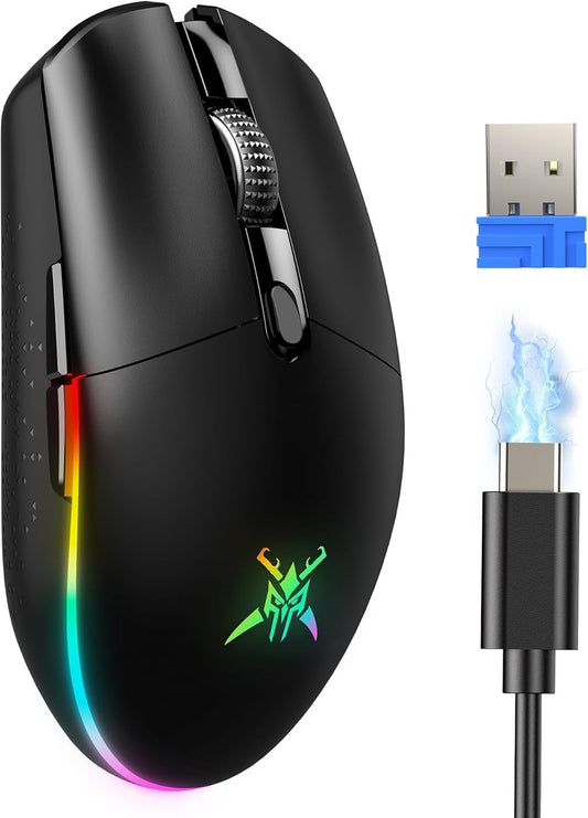 TECKNET Wireless Gaming Mouse 8000 DPI RGB Rechargeable Black LED Lights 