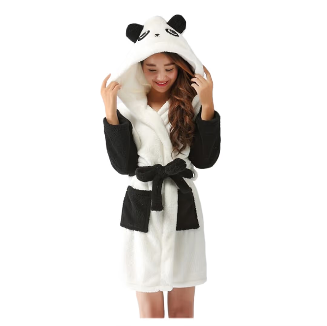 Ladies Soft Fleece Hood Dressing Gown Cute Panda Bear Womens Bath Robe - Large