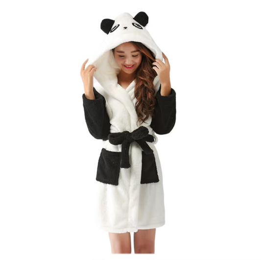 Ladies Soft Fleece Hood Dressing Gown Cute Panda Bear Womens Bath Robe - Large