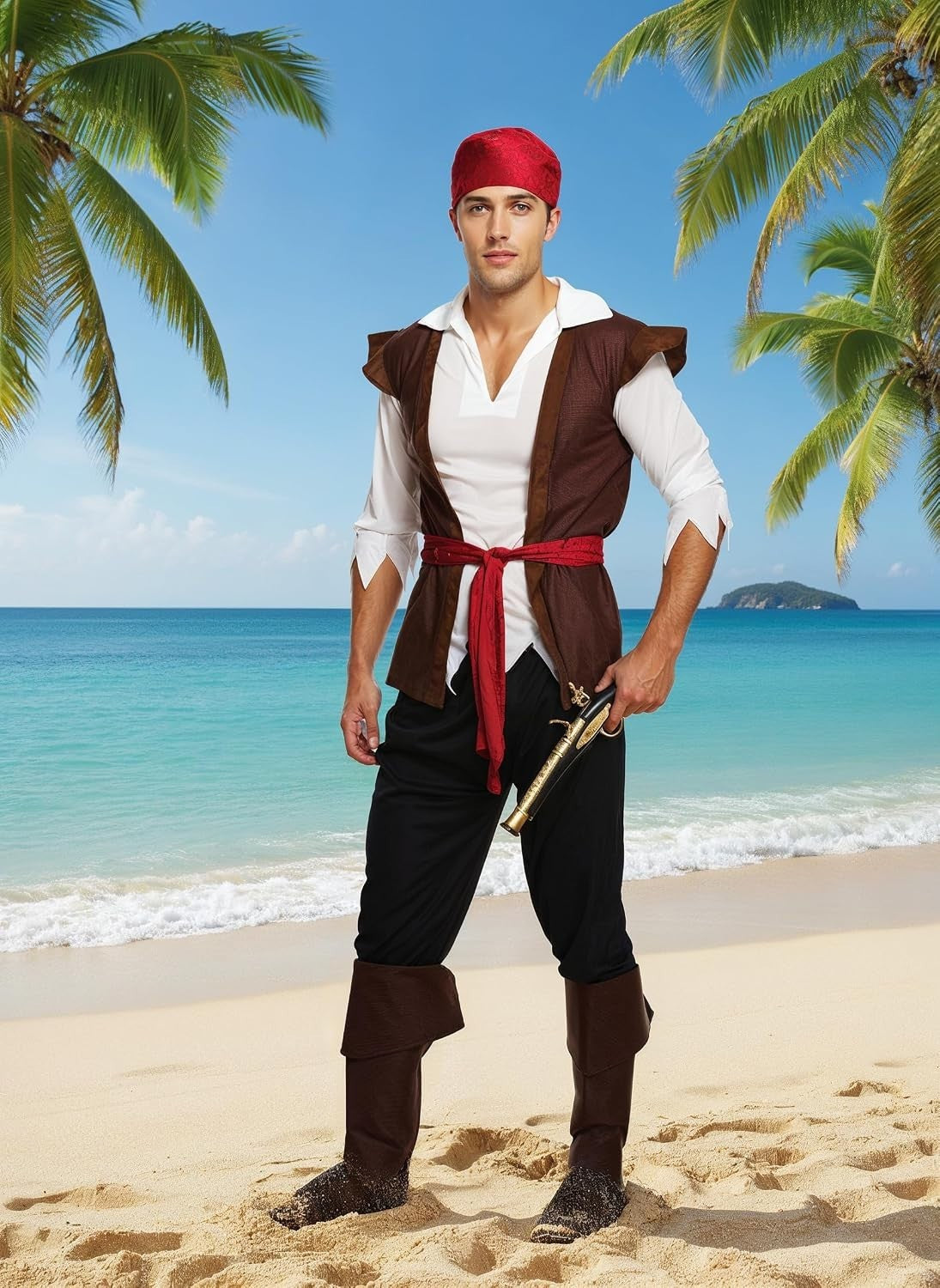 Mens Swashbuckler Pirate Costume Buccaneer Fancy Dress Outfit With Boot Covers