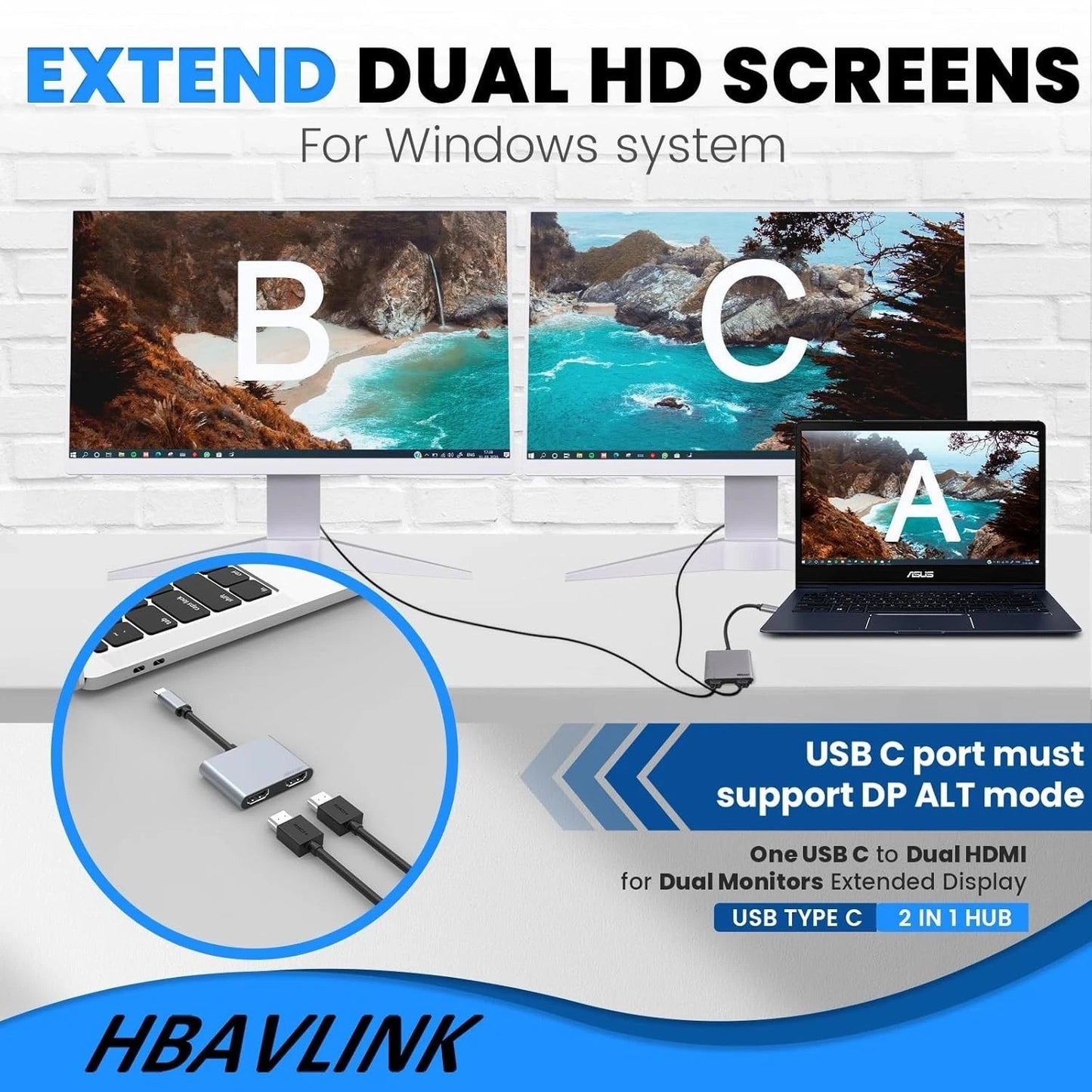 HBAVLINK USB C to Dual HDMI Adapter for Dual Monitor 4K 60Hz USBC MST Hub