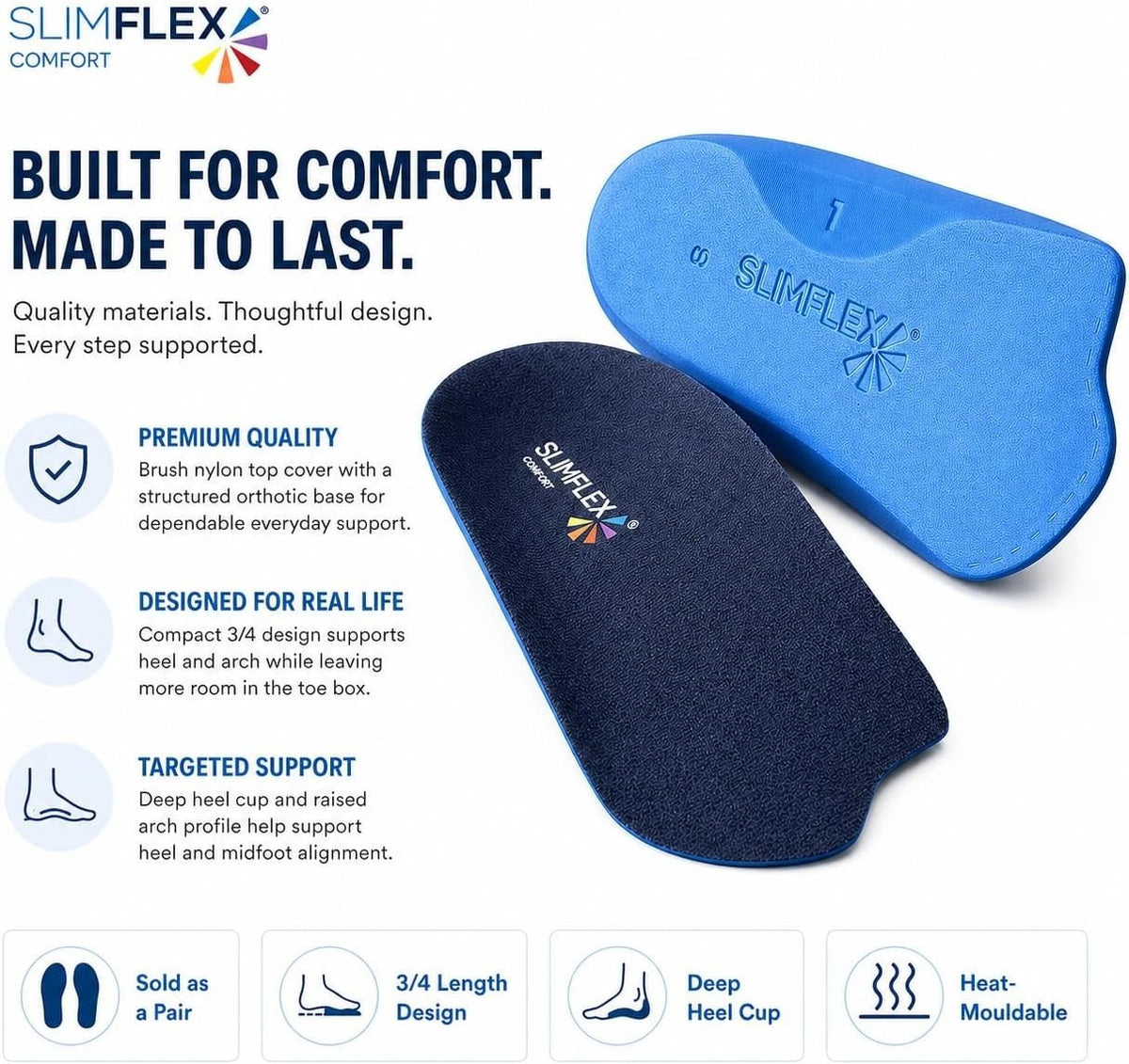 Slimflex Simple 3/4 Length Orthotic Insoles | Comfort | Heel Arch Support