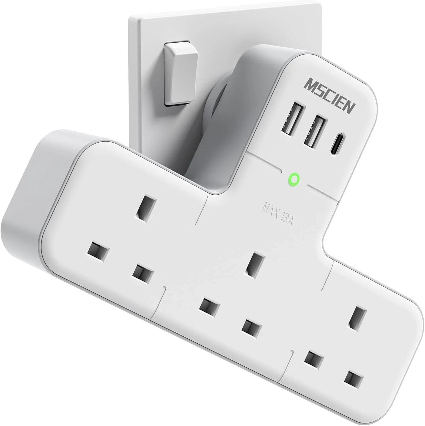 Mscien Multi Plug Adaptor, 6 in 1 Plug Extension Socket 3 Way 3 USB(3.4A,1 Type-