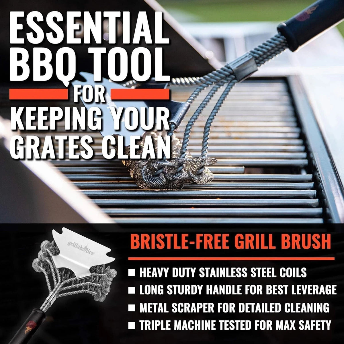 Grillaholics BBQ Grill Bristle Free Brush Xtra Wide XL Scraper Cleaner UK Seller