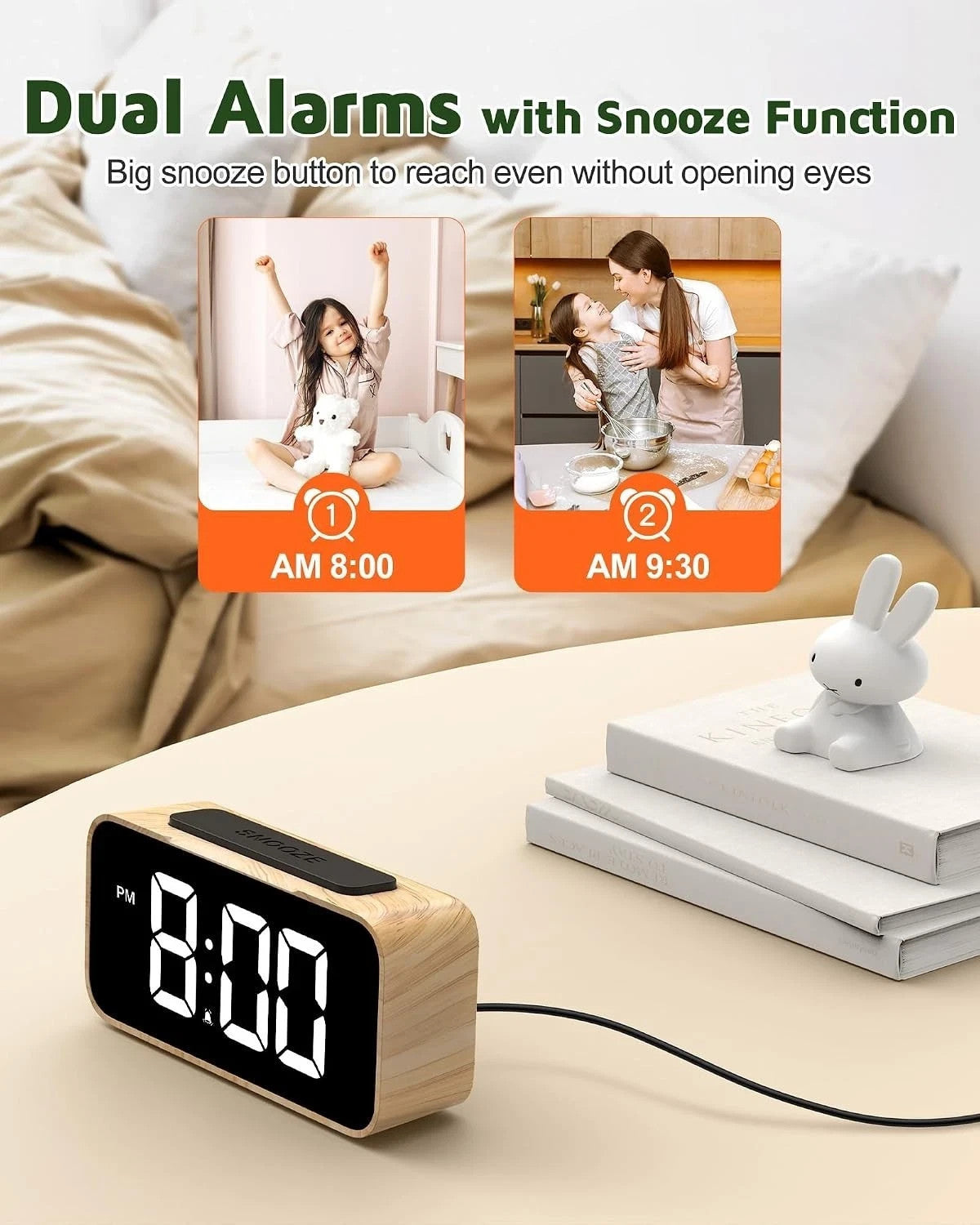 GOLOZA Alarm Clocks for Bedrooms, Wood Grain, Digital Clock with Large Displa...