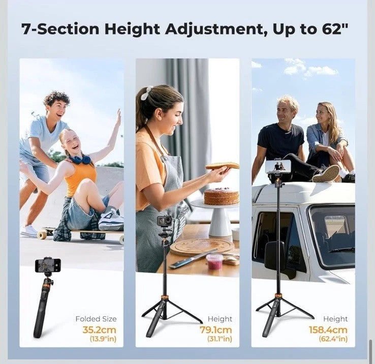 K&F CONCEPT 62''/158cm Selfie Stick Tripod with Detachable Remote Control,