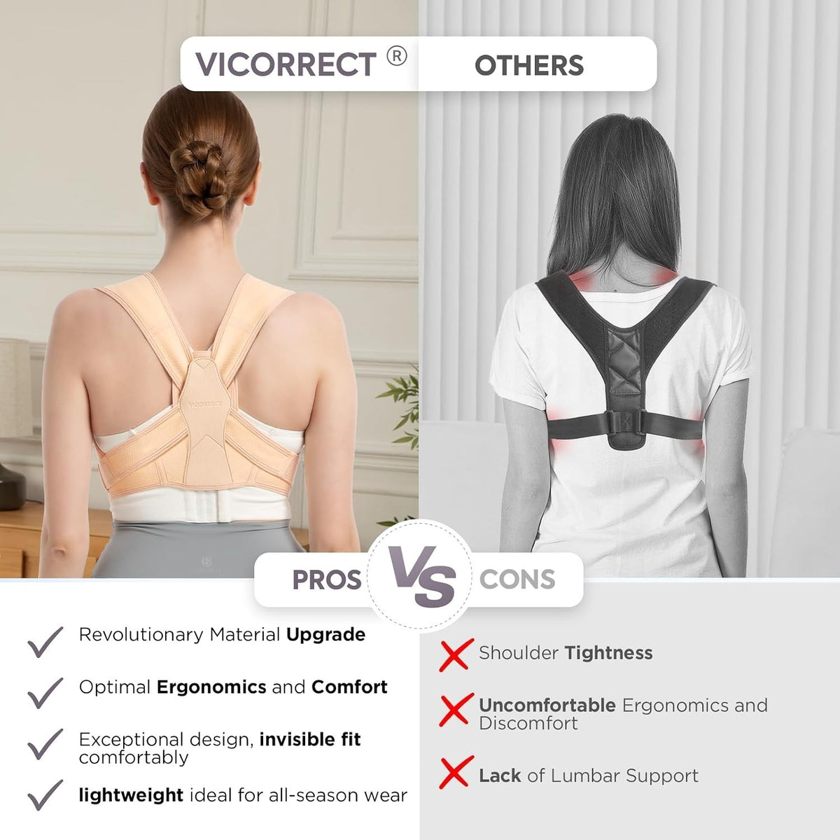 Vicorrect Posture Corrector for Women and Men, Adjustable upper S/M, Beige