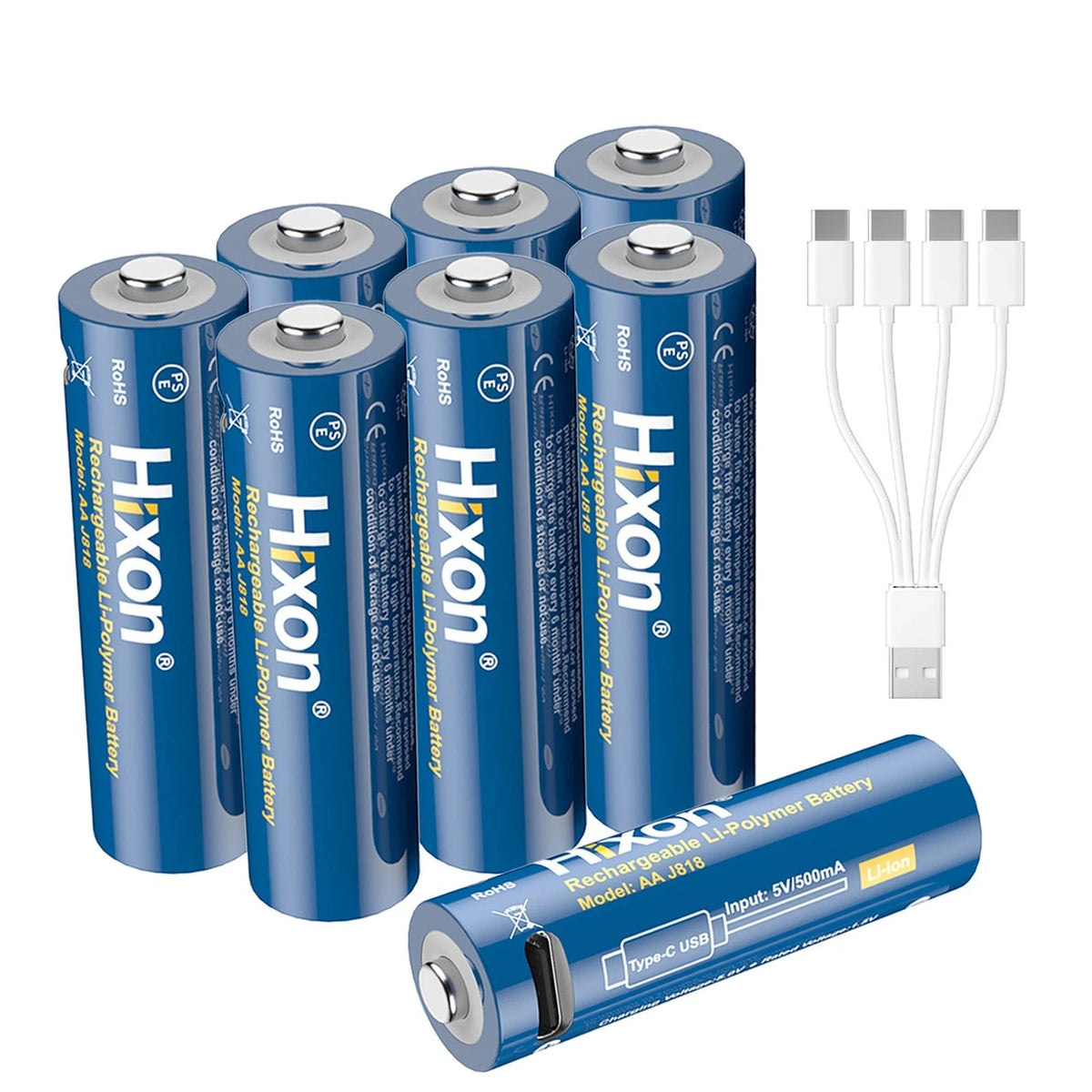Hixon 1.5V USB-C AA Rechargeable Lithium Batteries 2550mWh Double AA - 8 Pack