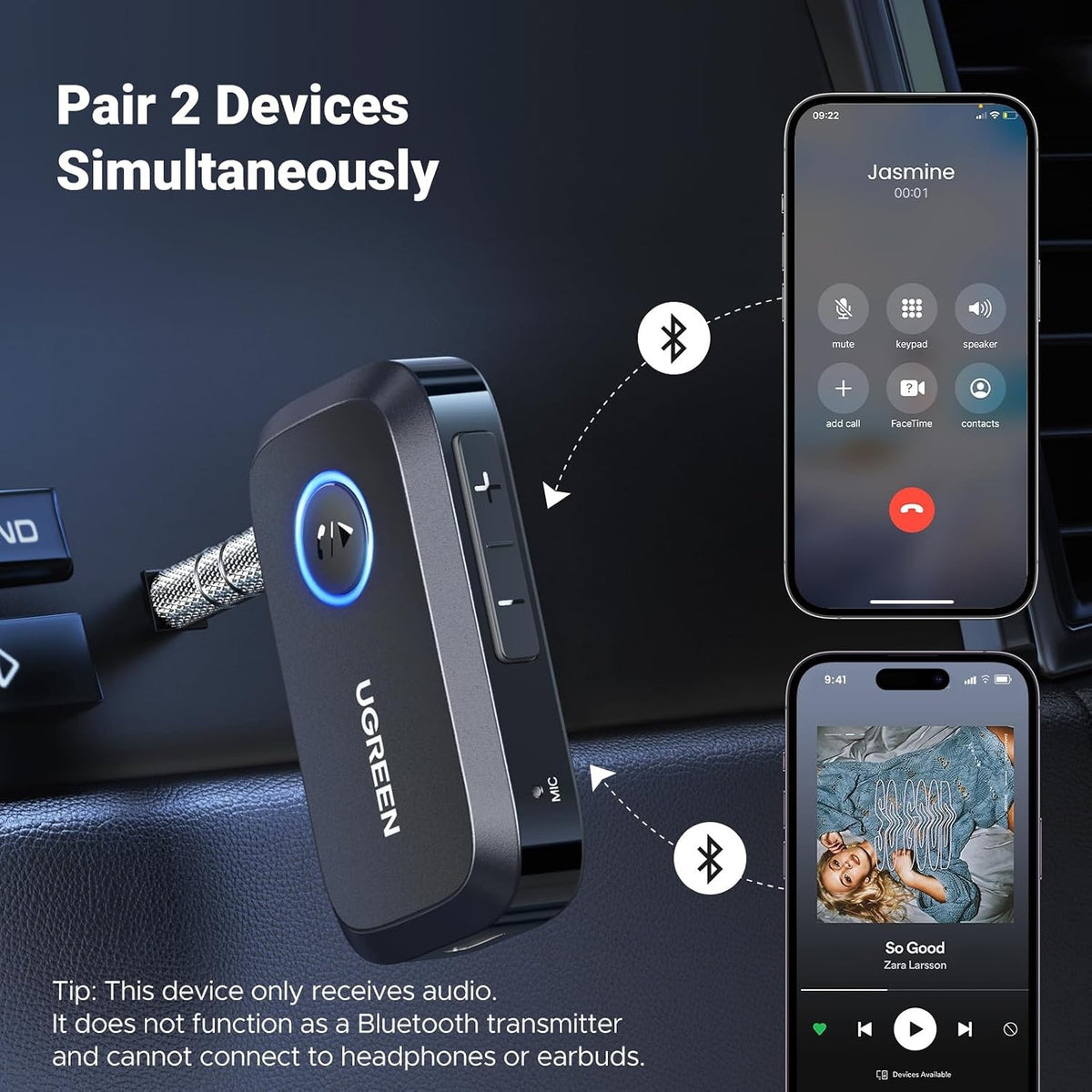 Ugreen Bluetooth 6.0 Receiver with 3.5 mm Jack with Multifunction Button Adapter