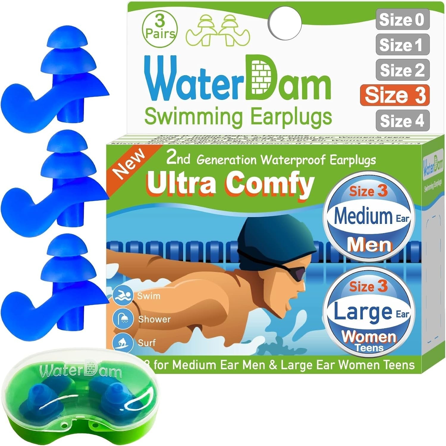 WaterDam Swimming Earplugs. No Hurt, No Pain, Ultra Comfy, Prevent Swimmer's Ear