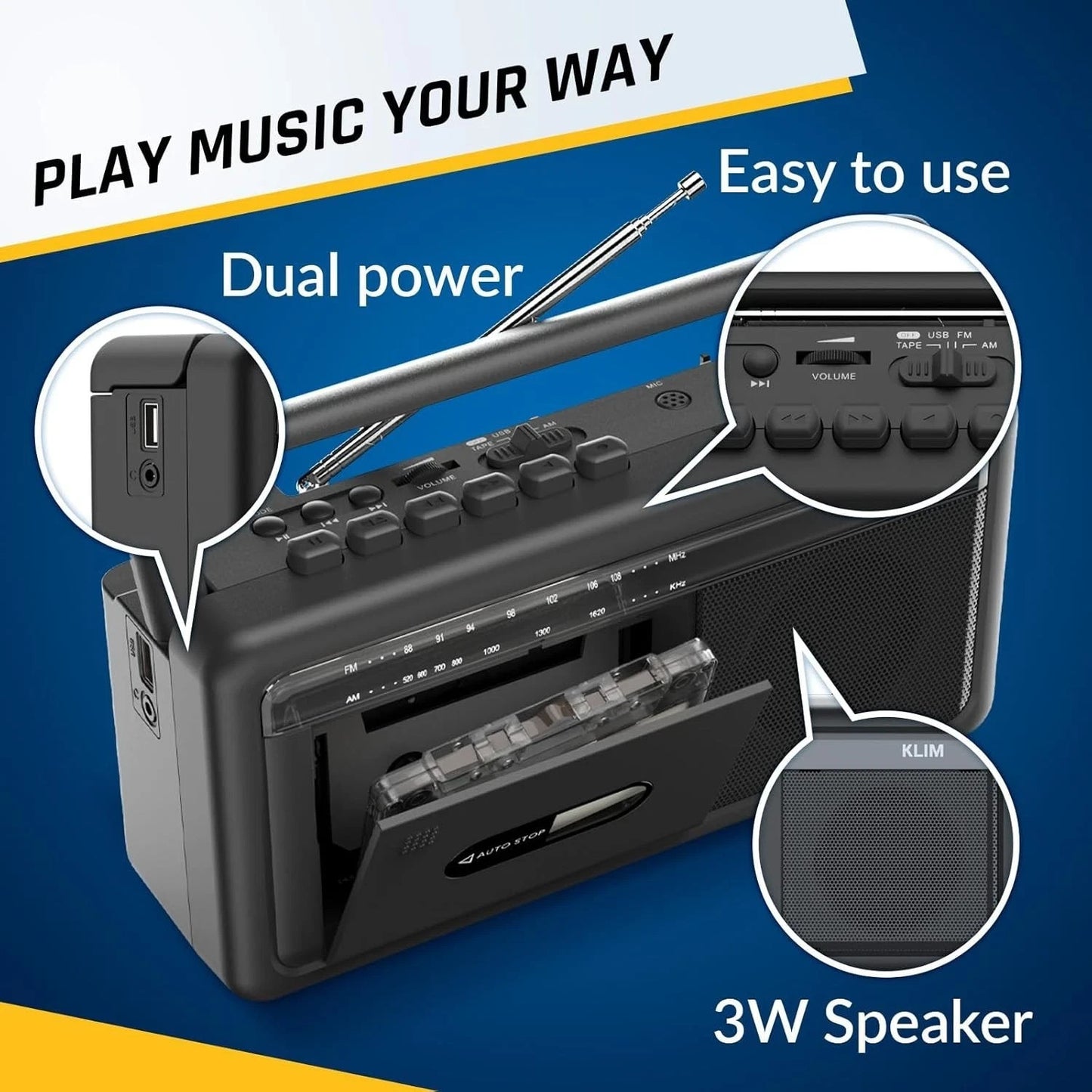 KLIM Portable Cassette Player & Tape Recorder – Boombox with AM/FM Radio, USB, B